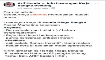 Lowongan kerja di Honda Niaga Bangka  Posisi Marketing Lapangan.